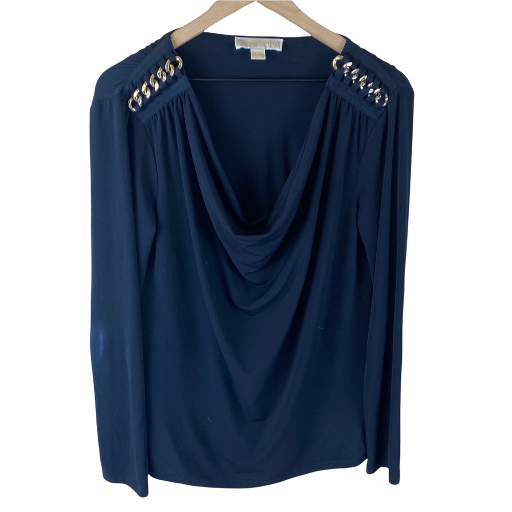 Women's Navy Drape Neck Top with Chain Detail